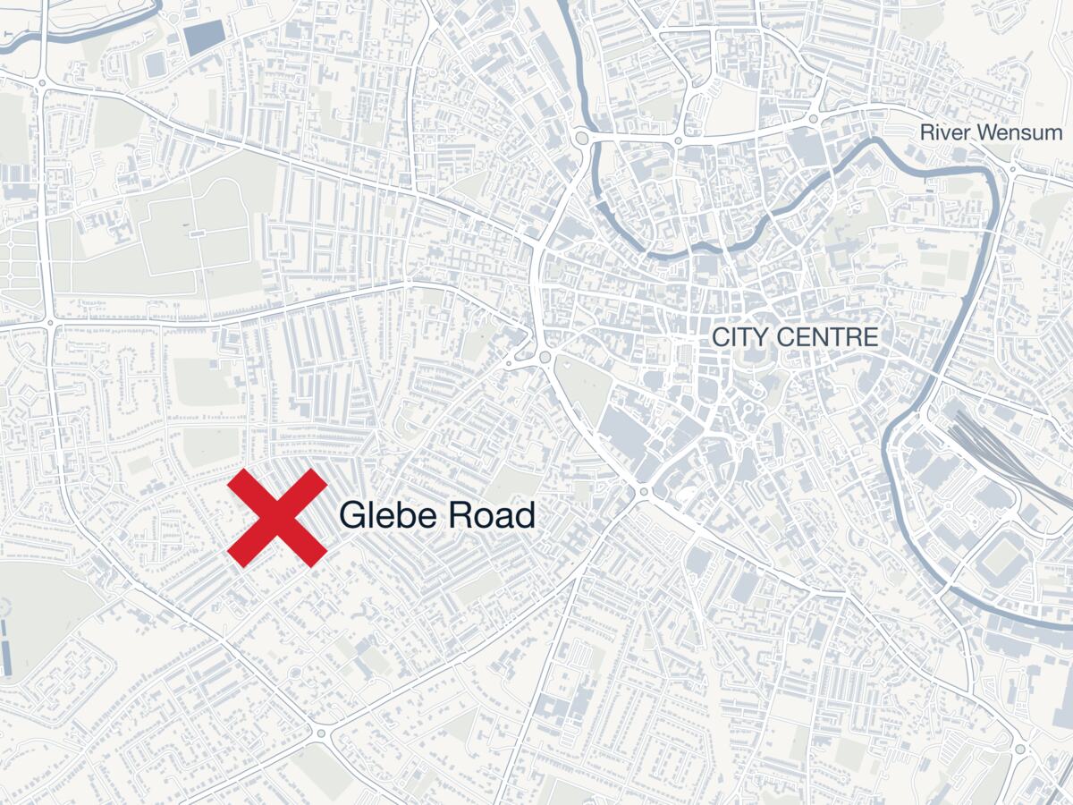 Map of Norwich with Glebe Road marked, west of the city centre